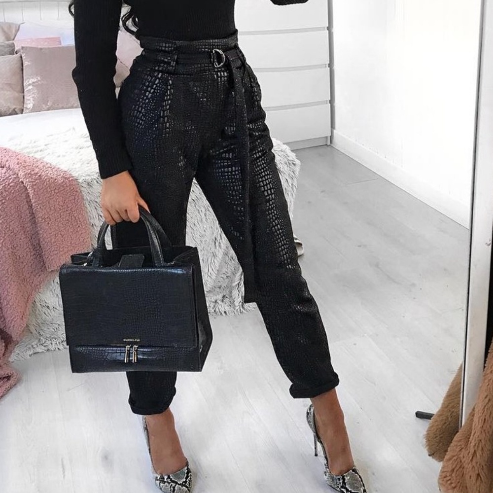 Black croc belted trouser